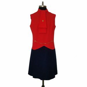 Vtg 70s  Ascot Drop Waist Pleated Dress M